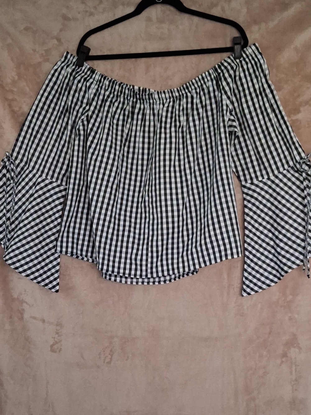 Forever 21 Black and White Gingham Off-Shoulder Bell Sleeve Top